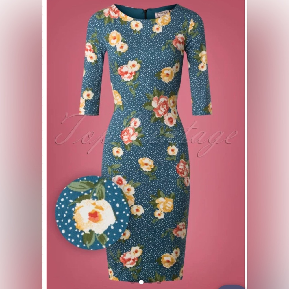 Pencil Dress Floral Dots in Teal Blue Green turquoise midi half sleeves stretch